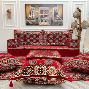 Turkish Floor Sofa Set: 8-inch Thick Living Room Seating with Ottoman, Moroccan Home Decor