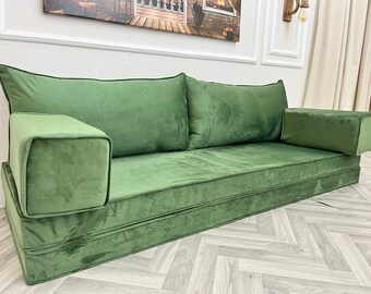 グリーンベルベットフロアシーティングソファ：モジュラースリーパー