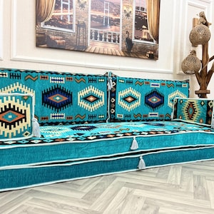 Moroccan Floor Sofa Set: Turquoise Boho Couch with Backrest Pillows and Armrests