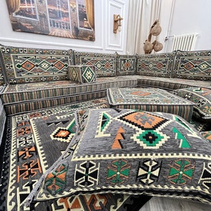 8'' Thick Anatolian U Shaped Arabic Living Room Sofa Set Lux, Floor Seating, Boho Couches ,Sectional Sofa, Arabic Majlis Sofa, Floor Cushion image 3