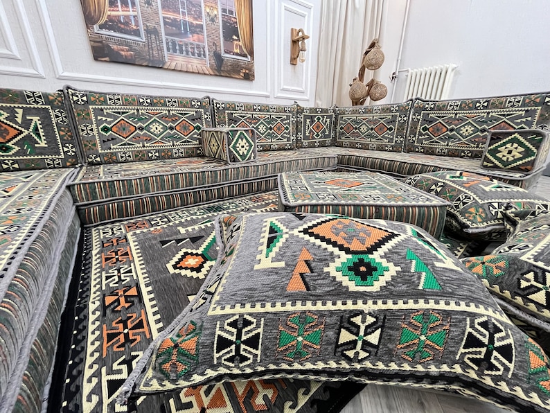 8'' Thick Anatolian U Shaped Arabic Living Room Sofa Set Lux, Floor Seating, Boho Couches ,Sectional Sofa, Arabic Majlis Sofa, Floor Cushion image 3