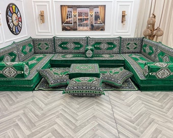 8'' Thick Anatolian Green U Shaped Arabic Living Room Sofa Floor Seating Set ,Boho Floor Couches ,Sectional Sofa,Arabic Majlis,Floor Cushion