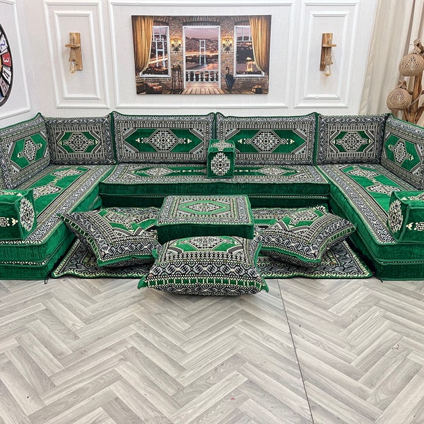 8'' Thick Anatolian Green U Shaped Arabic Living Room Sofa Floor Seating Set ,Boho Floor Couches ,Sectional Sofa,Arabic Majlis,Floor Cushion
