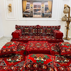 Colorfull Arabic Floor Seating Set: Ottoman Couch, Rug & Pillows