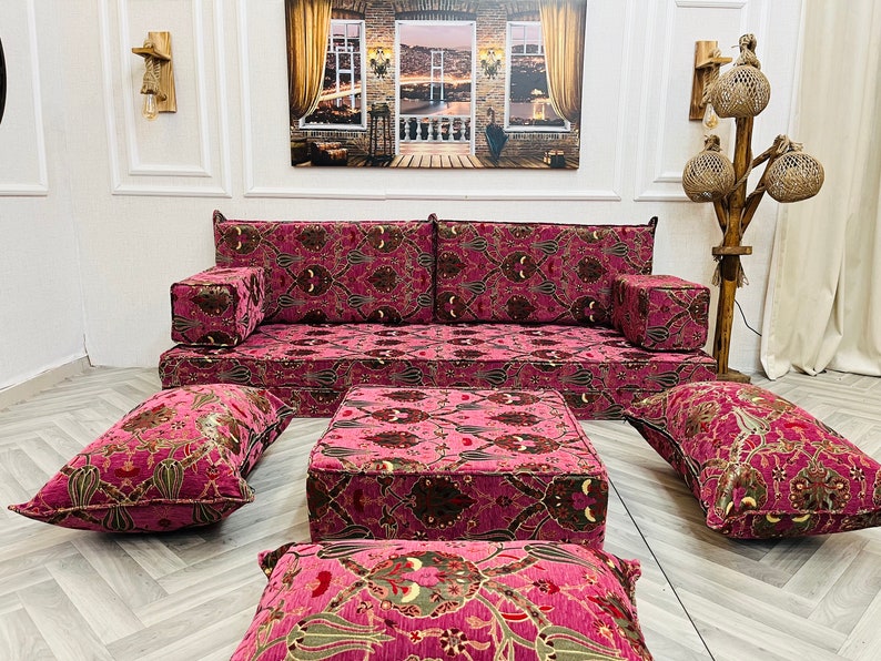 8'' Thick Functional Floor Seating Living Room Sofa Set, Turkish Tulip Pattern Floor Cushion,Unique Design Living Room Decor,Arabic Sofa Set Sofa+Ottoman&Pillow