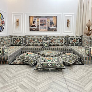 8'' Thick Anatolian U Shaped Arabic Living Room Sofa Set Lux, Floor Seating, Boho Couches ,Sectional Sofa, Arabic Majlis Sofa, Floor Cushion U SOFA ALL SET