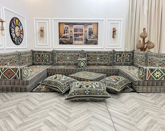 8'' Thick Anatolian U Shaped Arabic Living Room Sofa Set Lux, Floor Seating, Boho Couches ,Sectional Sofa, Arabic Majlis Sofa, Floor Cushion