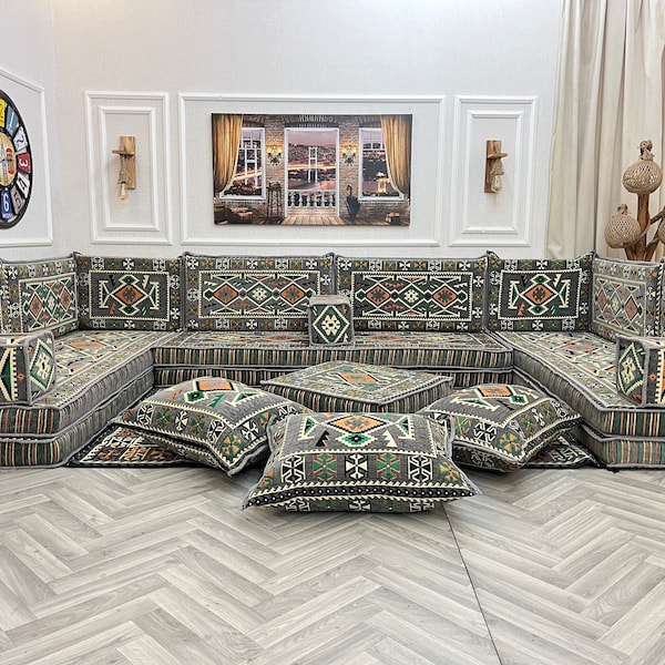 8'' Thick Anatolian U Shaped Arabic Living Room Sofa Set Lux, Floor Seating, Boho Couches ,Sectional Sofa, Arabic Majlis Sofa, Floor Cushion