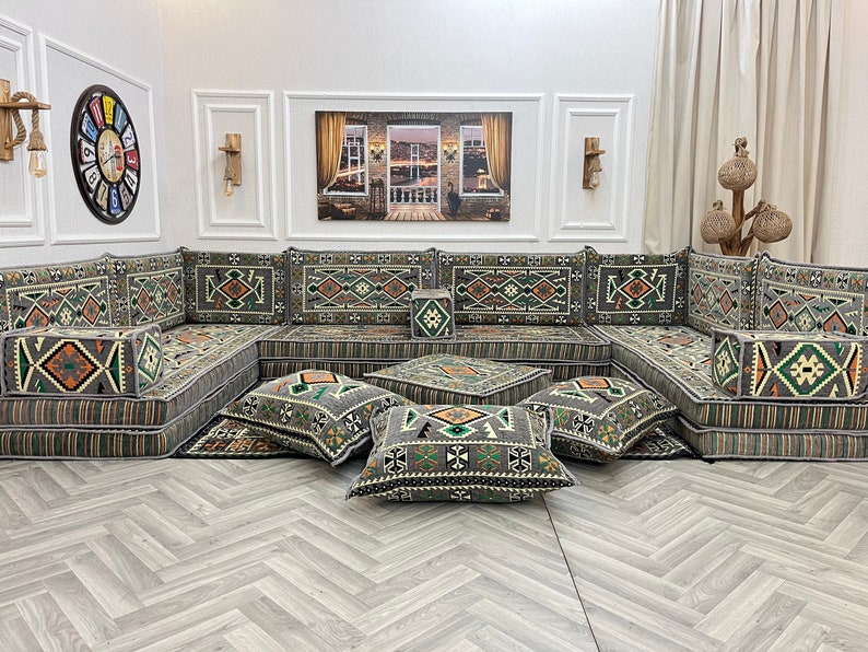 8'' Thick Anatolian U Shaped Arabic Living Room Sofa Set Lux, Floor Seating, Boho Couches ,Sectional Sofa, Arabic Majlis Sofa, Floor Cushion U SOFA ALL SET