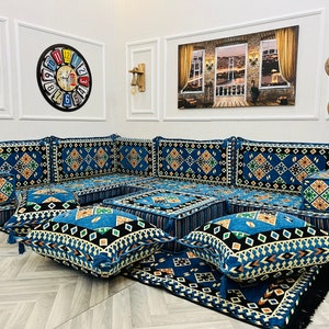 L Shaped Navy Blue Arabic Sofa Floor Cushion Seating Set, Living Room Sofa, Ottoman Couch, Floor Cushion Couch,Arabic Majlis,Sectional Sofas