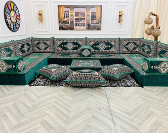 8'' Thick U Shaped Emerald Green Modular Arabic Living Room Sofa Floor Seating Set ,Floor Couch ,Sectional Sofa, Floor Cushion,Arabic Majlis