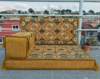 Arabisches Einzelsofa in reiner Goldfarbe, Bodenkissencouch, Leseeckenkissen, Terrassen- und Palettenkissen, Bodenkissen, Boho-Sofas