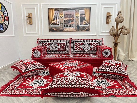Rote türkische Boden Sofa Set: Arabisch Majlis Couch mit Teppich & Kissen - 8 Zoll dick