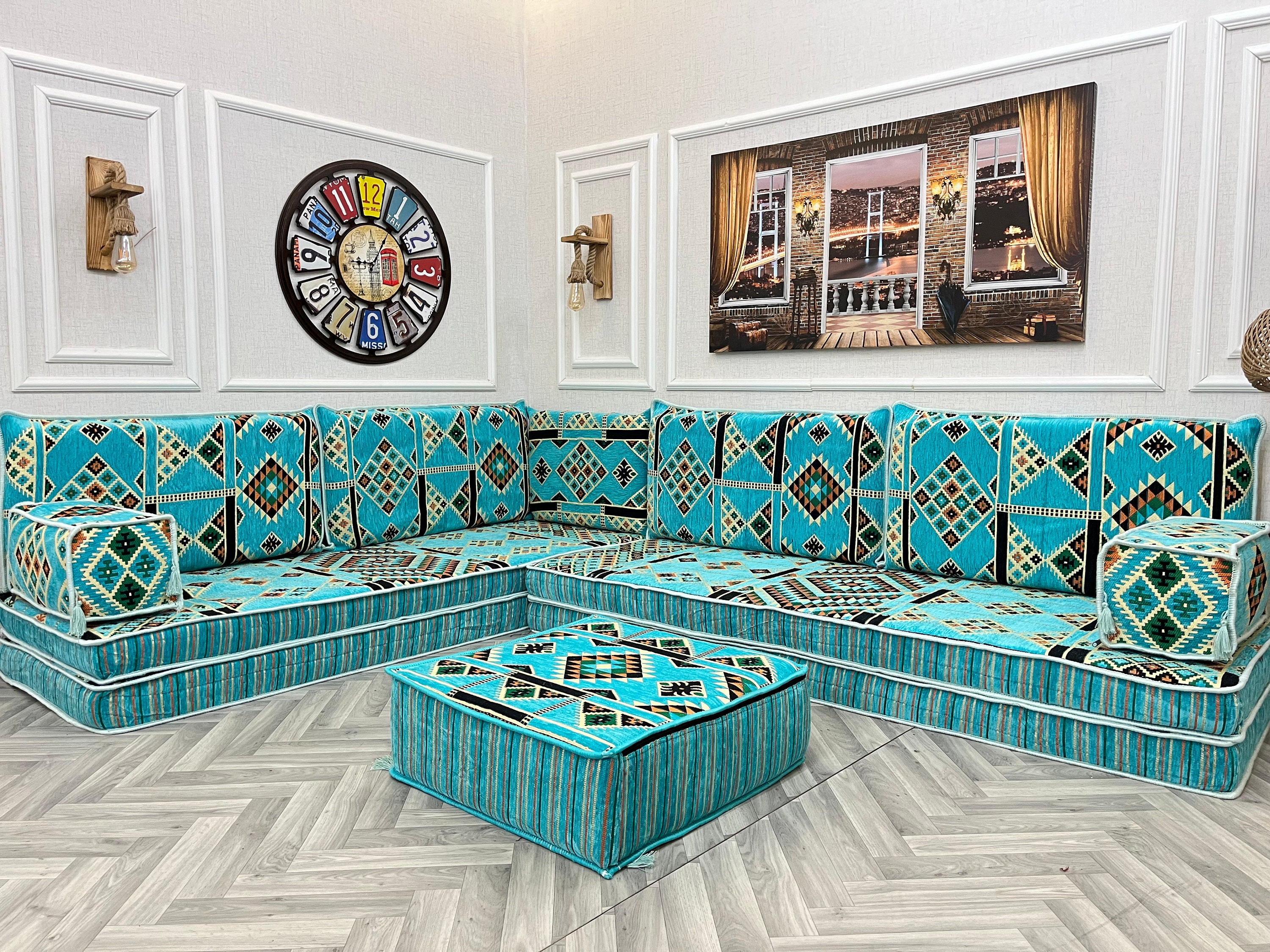 L-shaped Arabic Majlis Sofa Set: Floor Seating, Cushions, Ottoman \u0026 Rug - 8  Inch Thick - Etsy Singapore, image size:3000x2250