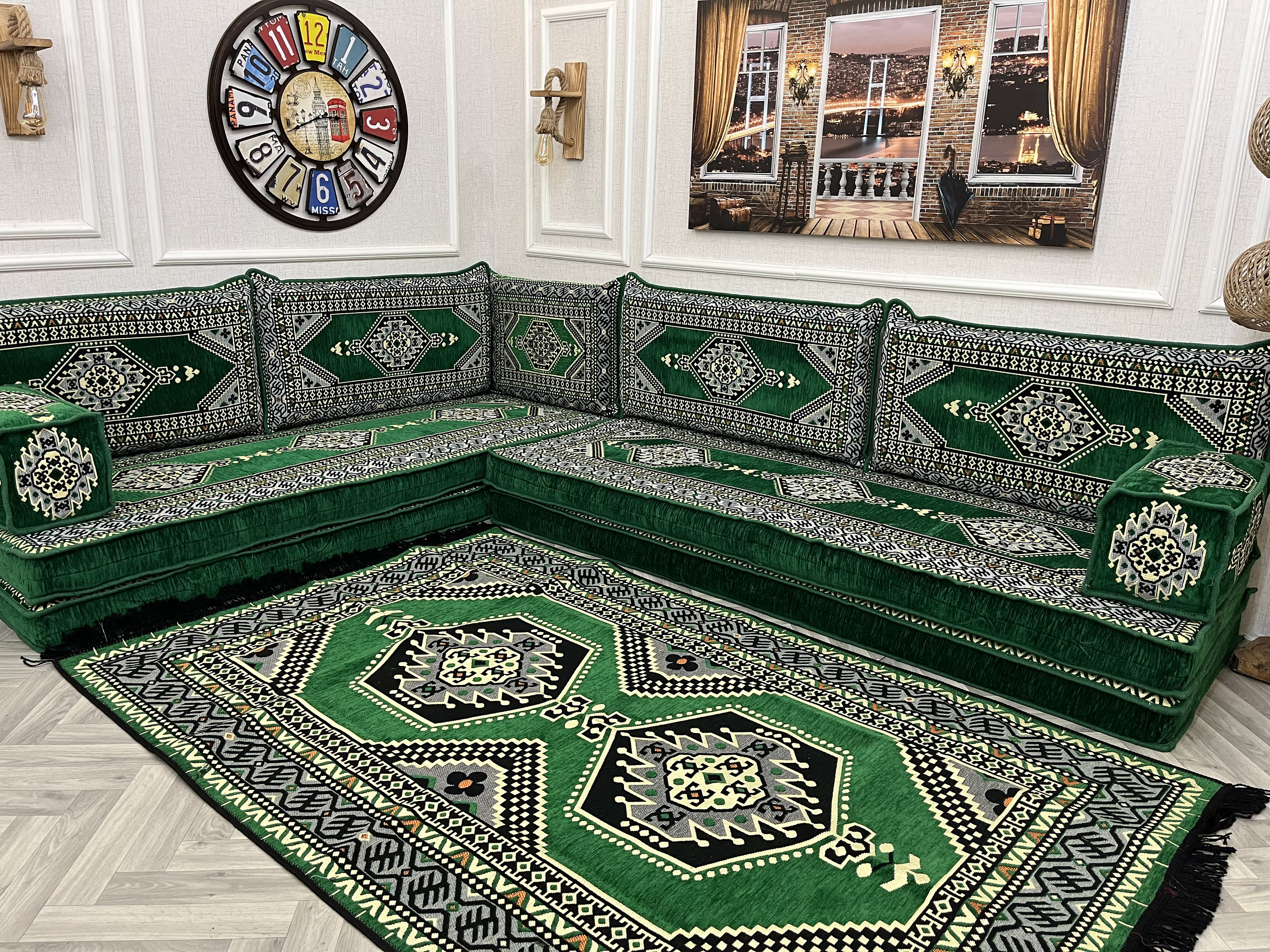 Majlis Rug 8 Inch Thick Green Arabic Majlis Sofa Set: Floor Cushions, Ottoman, Rug ...