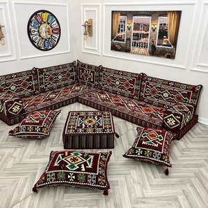 L Shaped Maroon Arabic Sofa Floor Cushion Seating Set, Living Room Sofa, Ottoman Couch, Floor Cushion Couch, Arabic Majlis, Sectional Sofas L Set+Ottoman&Pillow