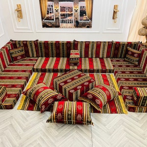 Kilim Design Moroccan Floor Sofa Set: Arabic Majlis Style U-Shaped Couch, Living Room Decor