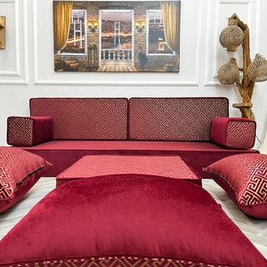 Velvet Arabic Floor Sofa Set: Gold Maroon Majlis Corner Couch- 8 inch Thick