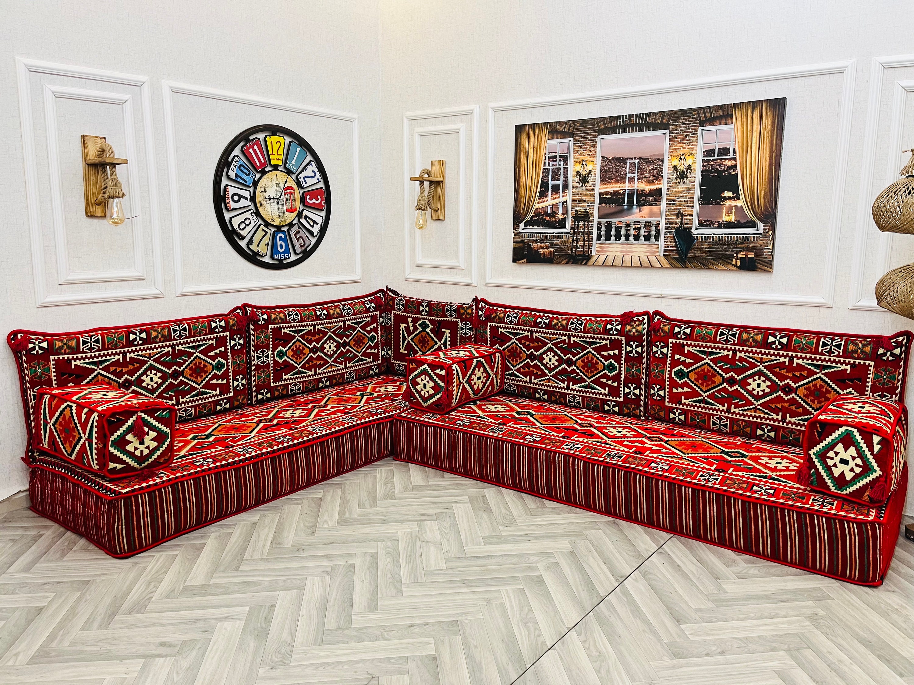 Red Modular Floor Sofa Set: 8'' Thick Sectional Seating With Kilim