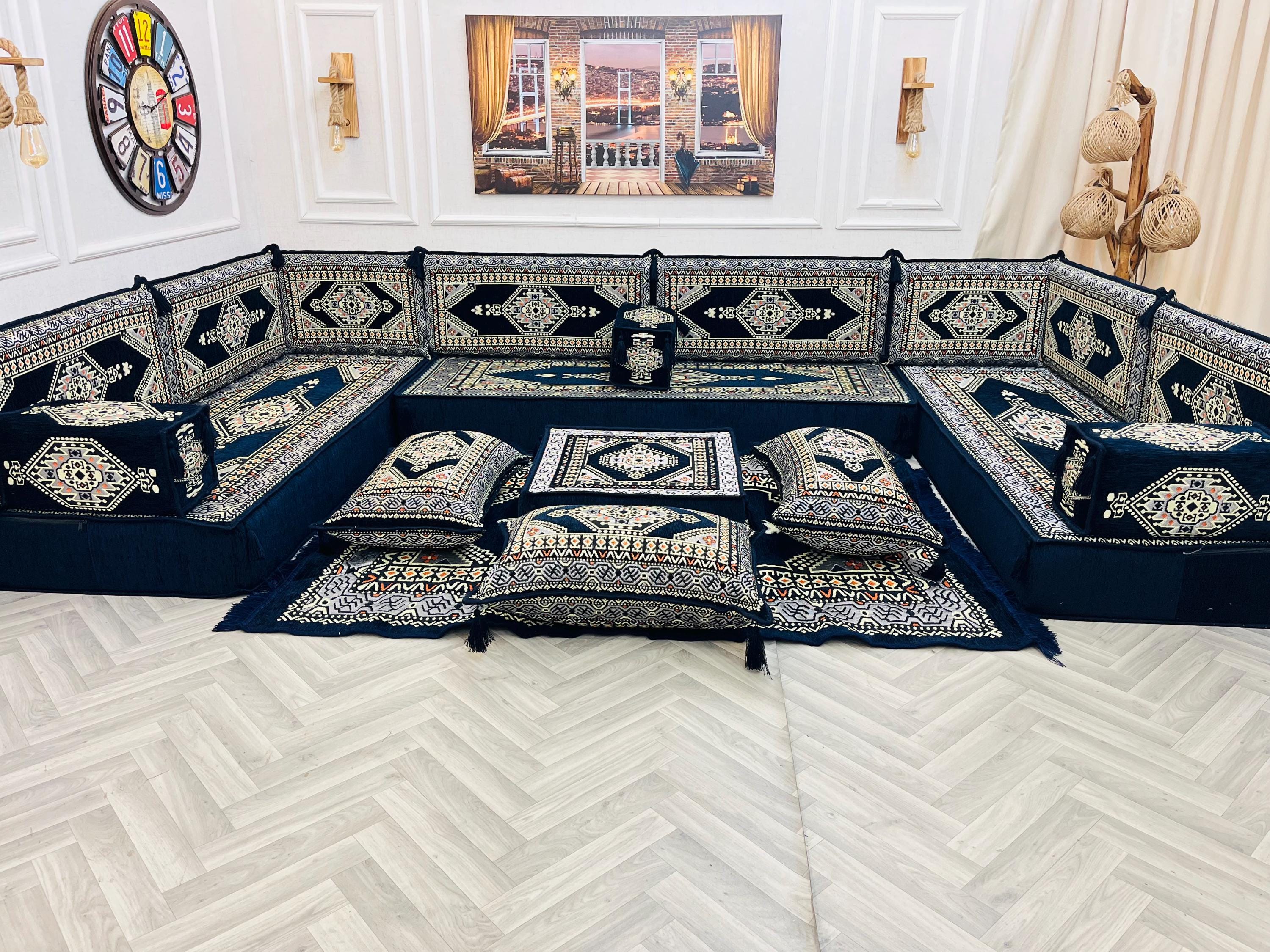 8 inch Thickness Ottoman Floor Sofa Seating Set, Arabic Majlis Sofa, Living Room Floor Cushion, U Shaped Ottoman Couch, Sectional Sofa Set
