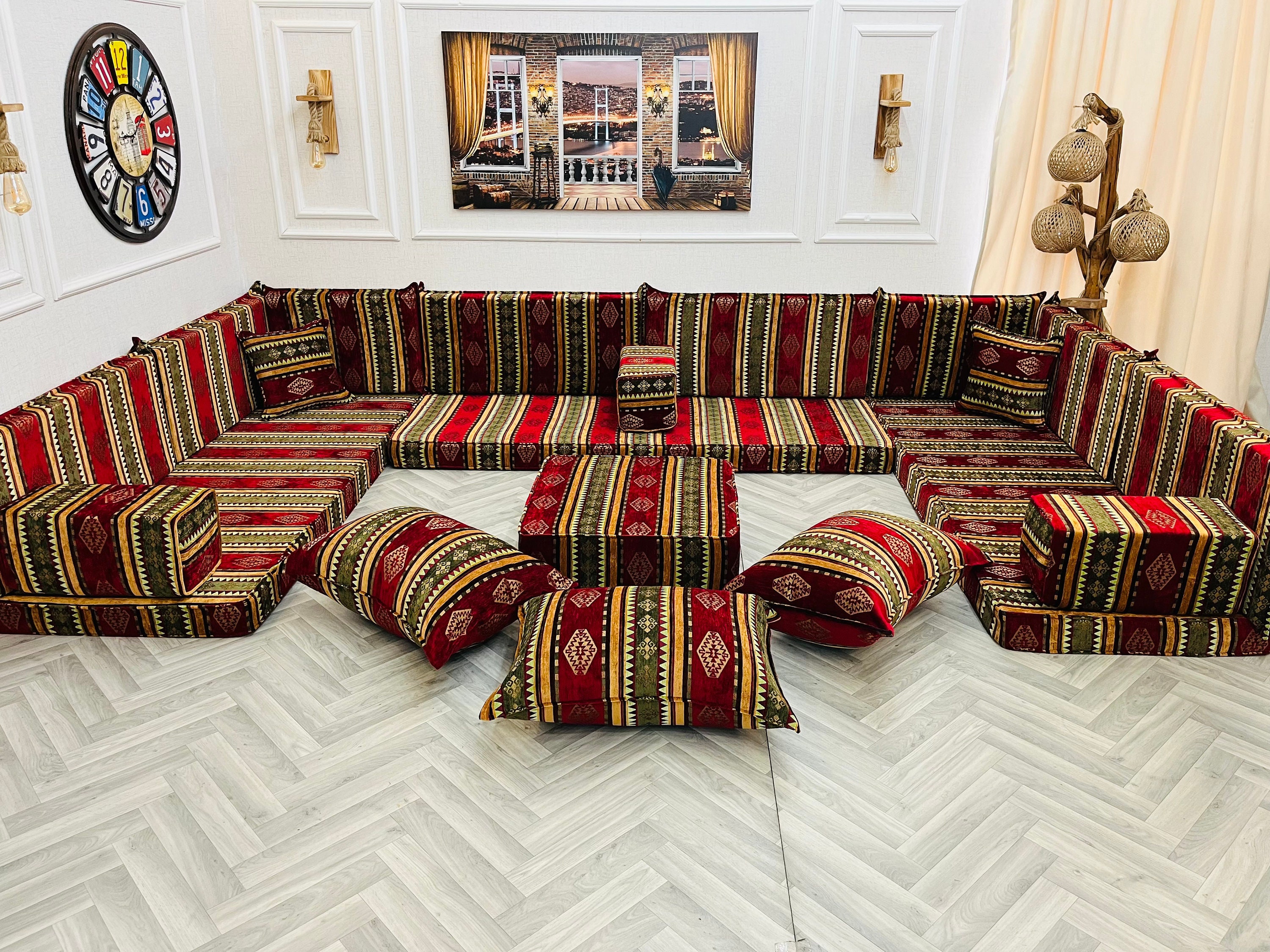 Kilim Design Moroccan Floor Sofa Set: Arabic Majlis Style U-shaped