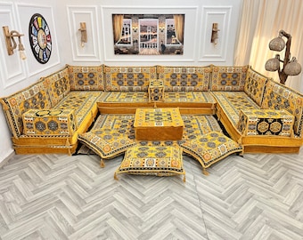 8'' Thickness U Shaped Living Room Sofa Couch, Floor Seating Set ,Boho Floor Couches, Arabic Majlis, Mustard Yellow Authentic Floor Sofa Set