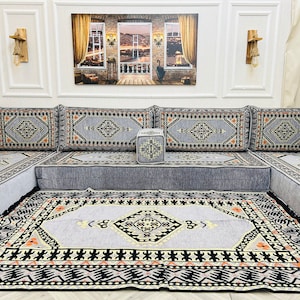 Ensemble de sièges au sol pour canapé de salon arabe modulaire en forme de U de 8 po., canapés de sol bohèmes, canapé sectionnel, canapé majlis arabe, coussin de sol U Sofa + Rug