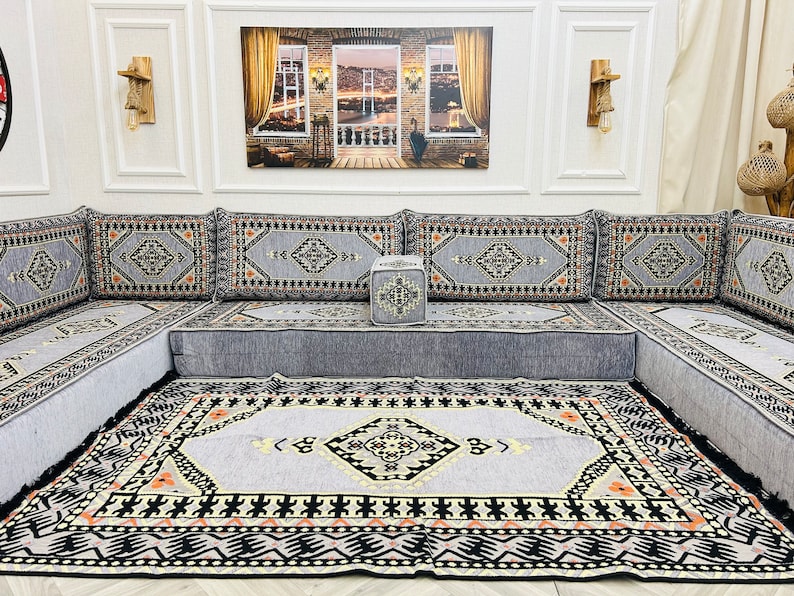 Ensemble de sièges au sol pour canapé de salon arabe modulaire en forme de U de 8 po., canapés de sol bohèmes, canapé sectionnel, canapé majlis arabe, coussin de sol U Sofa + Rug