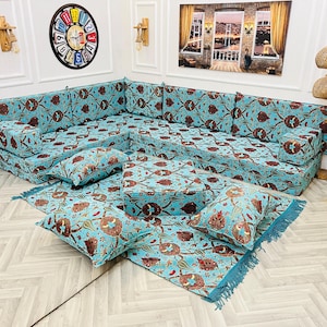 Unique Ottoman Style Floor Couch Set: L-Shaped Turkish Sofa with Rug, Floor Pouf Pillows