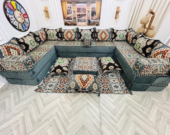 Boho türkische Boden Sofa U-förmige Set, modulare Schnitt Couch für Wohnzimmer, arabische Majlis Naher Osten 16 Zoll hohe Sitz Majlis