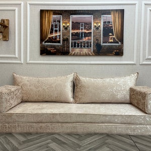 Custom Velvet Arabic Sofa Floor Seating Set, Convertible floor sofa bed, Boho Furniture, Living Room Decor, Floor Cushion, Bench Cushions 4+4'' Thickness