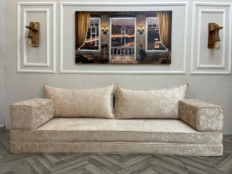 Set di posti a sedere sul pavimento del divano arabo in velluto personalizzato, divano letto da pavimento convertibile, mobili Boho, arredamento del soggiorno, cuscino da pavimento, cuscini da panca immagine 2