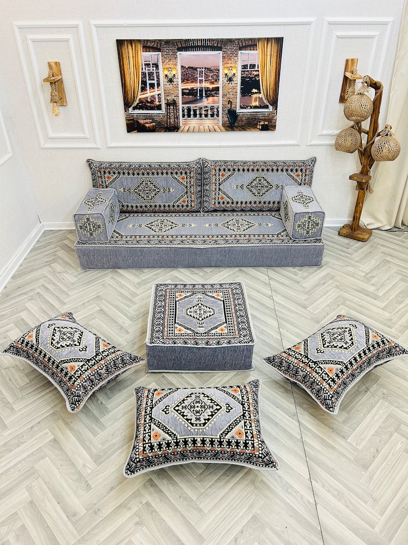 8 inch Thick Arabic Sofa Floor Seating Set, Floor Sofa, Modular Sofa, Traditional Sofa, Floor Cushion Couch, Ottoman Couch Pillows & Rug zdjęcie 5