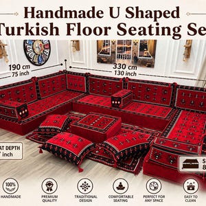 May include: Handmade U-shaped Turkish floor seating set in red with black accents. The set includes a large sofa, cushions, and a small ottoman. The sofa is 75 inches (190 cm) long and 75 inches (190 cm) wide, with a seat depth of 27 inches. The seat thickness is 8 inches.
