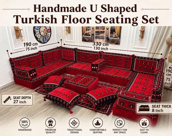 Conjunto de asientos turcos en forma de U hechos a mano, sofá Majlis árabe, sofá esquinero Kilim rojo.