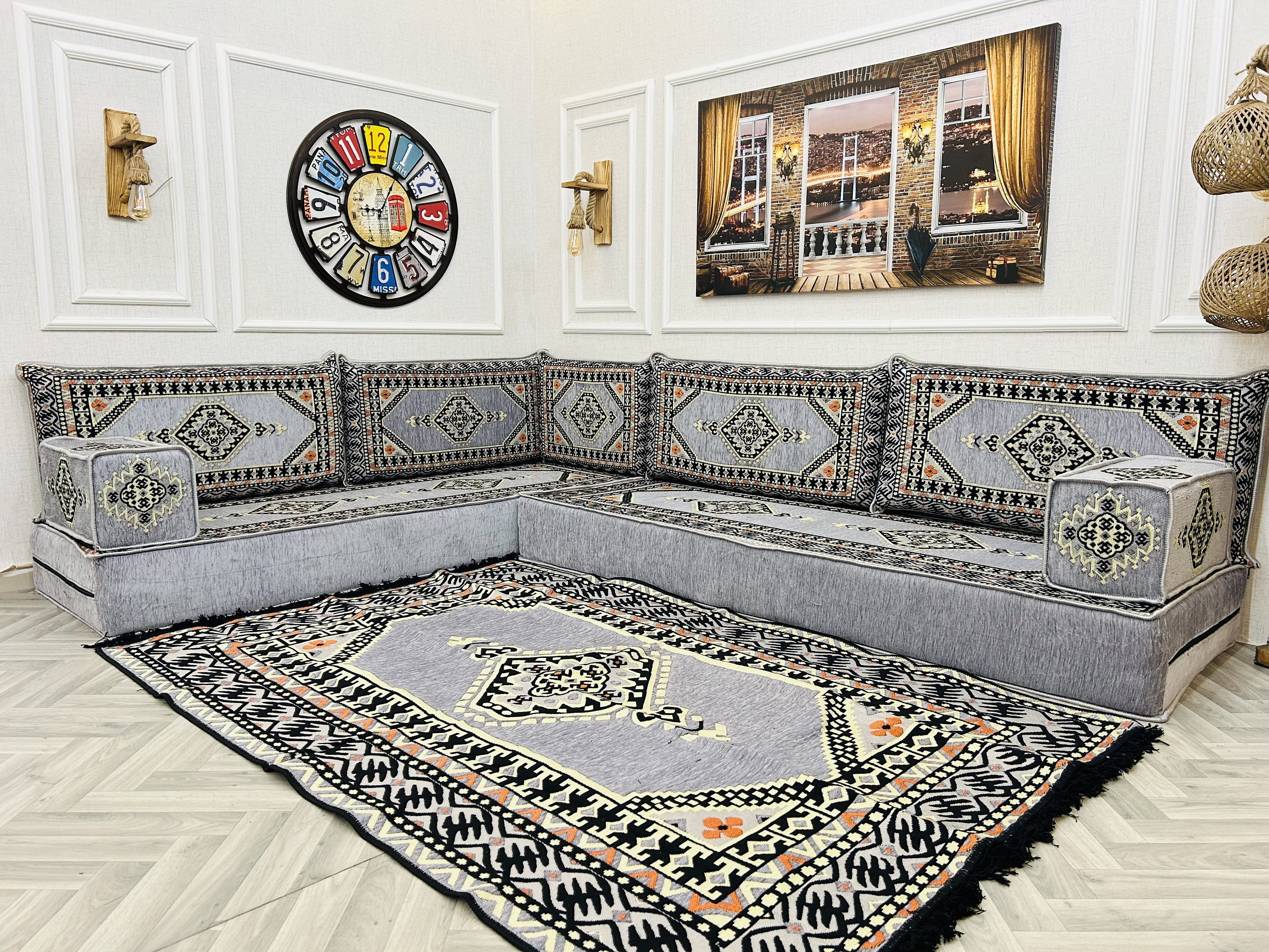 Majlis Rug L-shaped Arabic Majlis Sofa Set: Floor Seating, Ottoman, Rug - 8 Inch ...