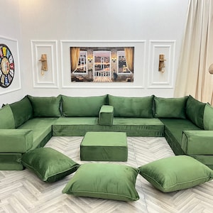 8&#39;&#39; Thickness U Shaped Modular Living Room Velvet Floor Seating Sofa Couch, Velvet Floor Sofa Couch, Living Room Sofa Set, Custom Made Sofas