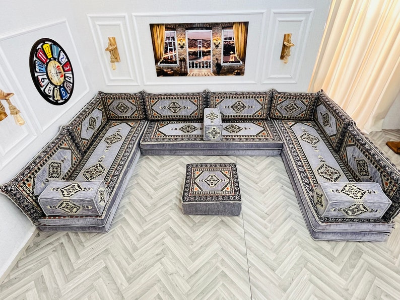 8'' Thick Anatolian U Shaped Arabic Living Room Sofa Floor Seating Set ,Boho Floor Couches ,Sectional Sofa, Arabic Majlis Sofa,Floor Cushion U Sofa + Ottoman