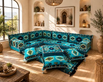 Turquoise Moroccan Floor Seating Set,Arabic Majlis Sofa,Floor Couch,Modular Floor Sofa,Boho Living Room Decor,Turkish Seating Set