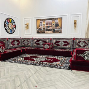 Ensemble de sièges de sol pour canapé de salon arabe en forme de U bordeaux d'épaisseur 8 po., canapés de sol bohèmes, canapé sectionnel, canapé majlis arabe, coussin de sol image 5