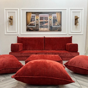 8 inch Thick Versatile Moroccan Living Room Floor Sofa Seating Set, Floor Cushion and Couches & Ottoman, Arabic Sofa,Customizable Floor Sofa