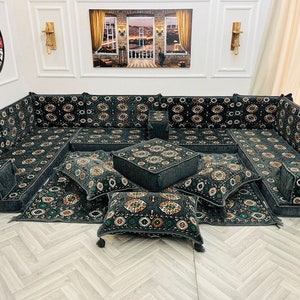 Arabic Sofa U Shaped Authentic Living Room Floor Seating Set, Floor Cushion Seating, Arabic Majlis, Turkish Floor Sofa Set,Ottoman Couch Rug