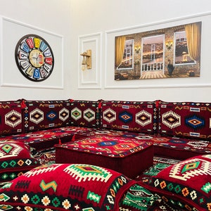 L Shaped Soft Texture Maroon Arabic Sofa Floor Seating Set, Living Room Sofa, Ottoman Couch,Floor Cushion Couch,Arabic Majlis,Sectional Sofa