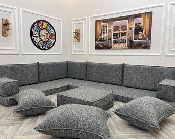 Divano da pavimento del soggiorno a forma di L Boucle, set di posti a sedere da pavimento del divano arabo, divani da pavimento Boho, divano componibile, divano arabo Majlis, cuscino da pavimento