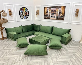 L Shaped Modern Living Room Green Velvet Floor Seating Corner Sofa Couch, Velvet Floor Sofa Couch, Living Room Sofa Set, Custom Made Sofas