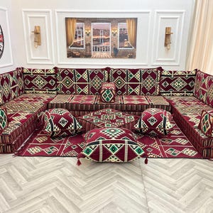 8 inch Thick Ethnic U-Shaped Floor Seating Set: Arabic Sofa Set, Boho Living Room