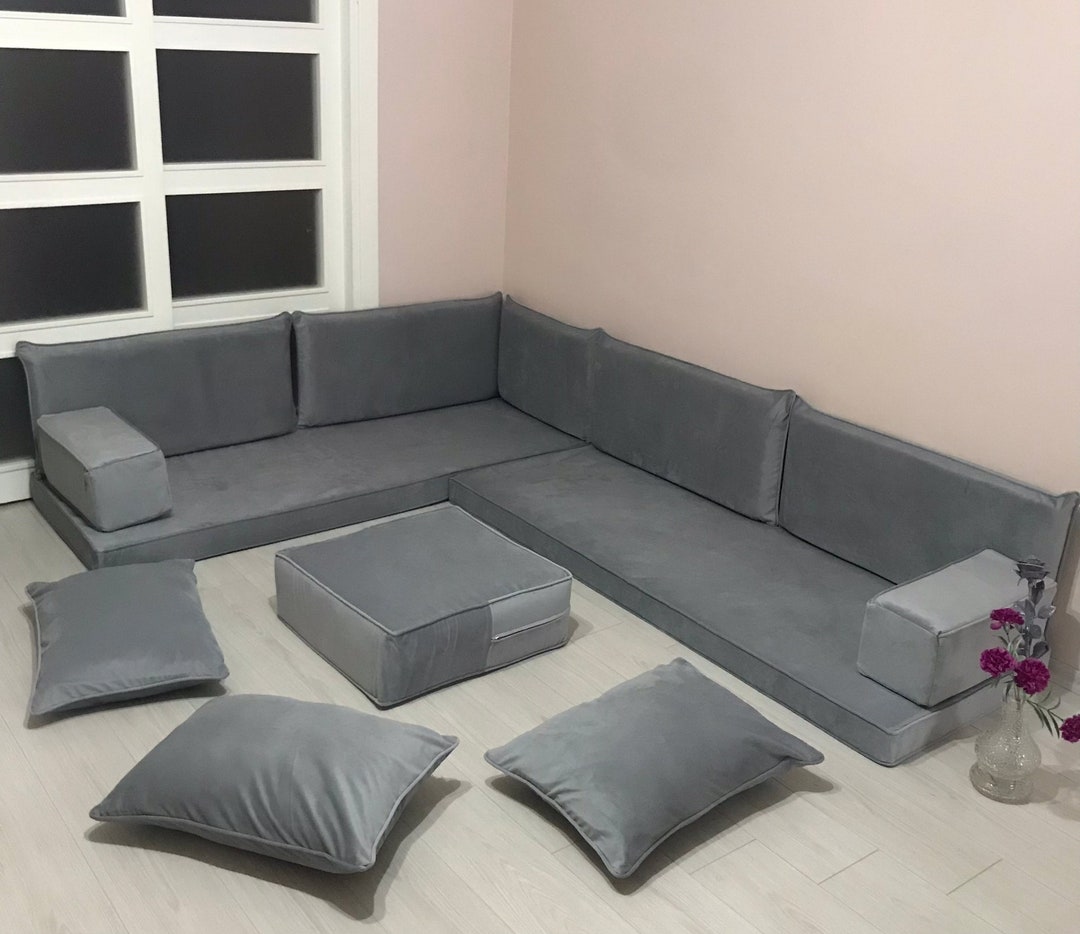 Gray Velvet L Shaped Floor Couch, Modern Living Room Sofas, Floor