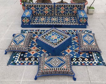 Ensemble de sièges de sol avec canapé arabe Majlis, canapé sectionnel avec pouf, ensemble de canapé ethnique intérieur et extérieur, canapé marocain avec oreillers, coussins de sol