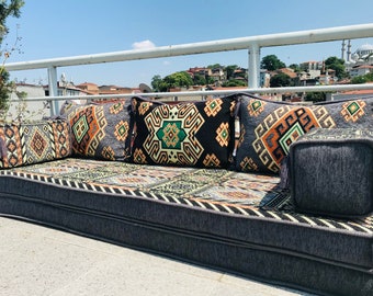 8'' Thick Anthracite Gray Floor Seating Set, Arabic Sofa, Floor Cushion,  Outdoor Couch