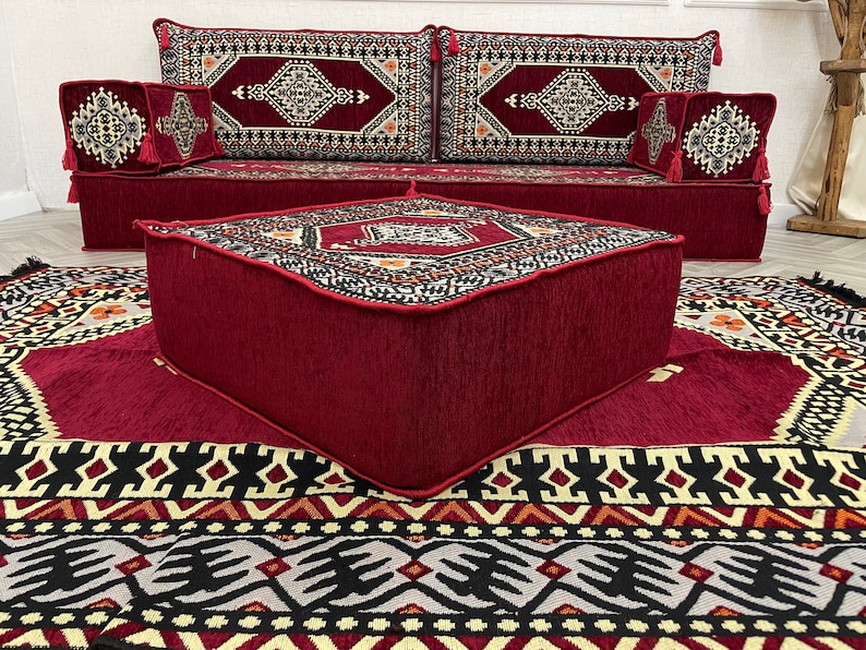 8 inch Thick Stunning Burgundy Authentic Floor Seating Sofa Set, Floor Sofa, Raised Floor Seating Set, Arabic Sofa Set, Floor Cushion Couch Sofa + Ottoman&Rug